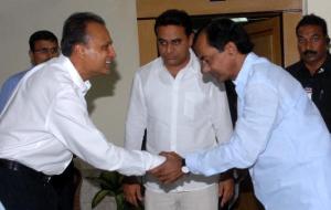 Chairman of Reliance Group Anil Ambani with Telangana CM KCR, IT & Panchayat Raj Minister KTR also seen in the picture